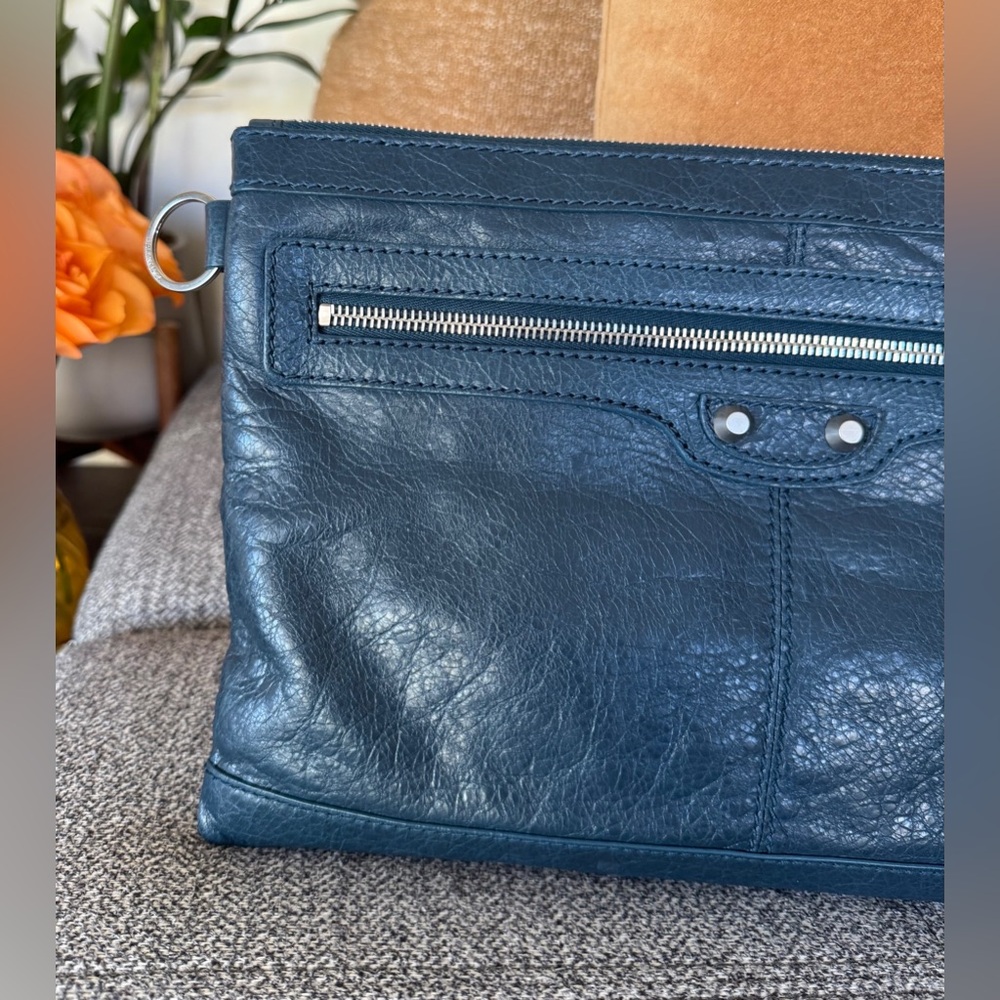 Balenciaga Teal Blue Leather Classic Clip Clutch - Picture 17 of 17